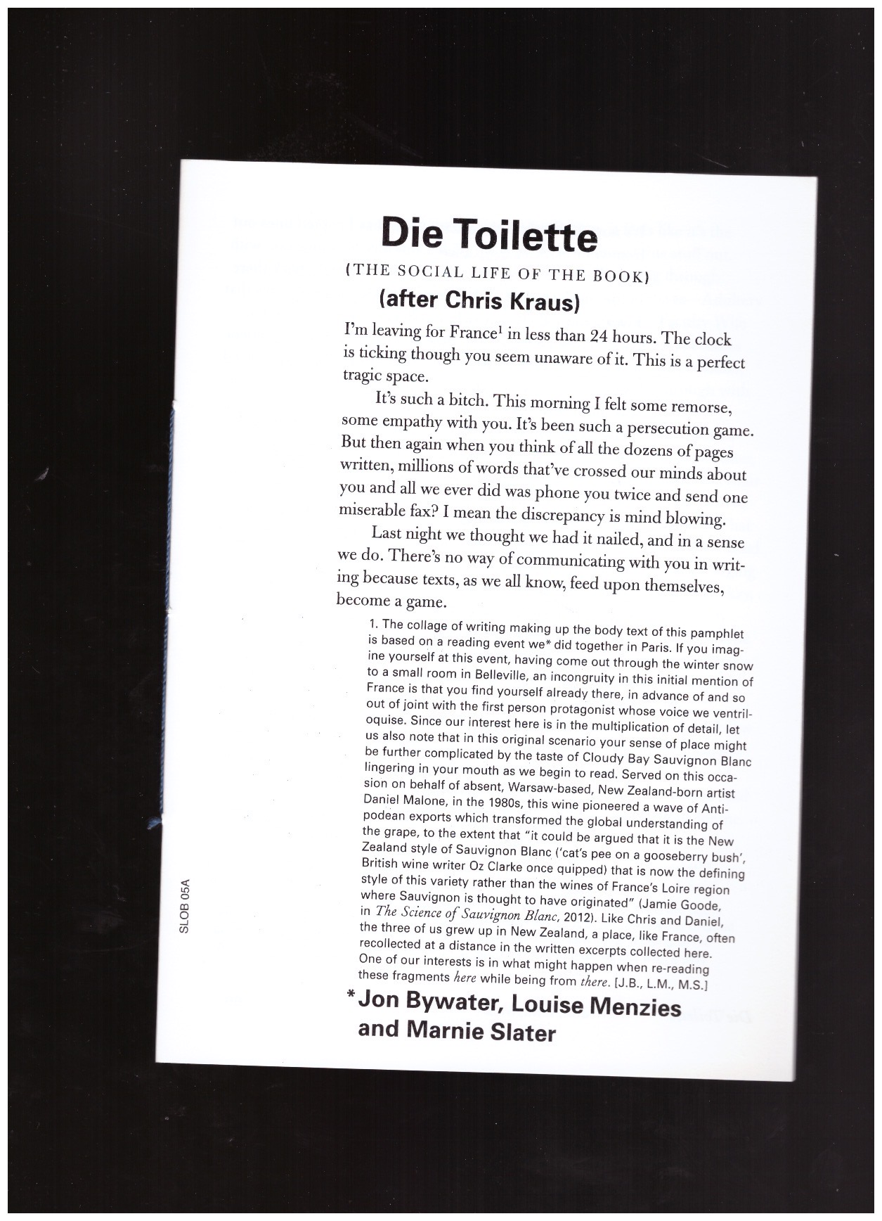 BYWATER, Jon; MENZIES, Louise; SLATER, Marnie - The Social Life of the Book #5 - Die Toilette (after Chris Kraus)